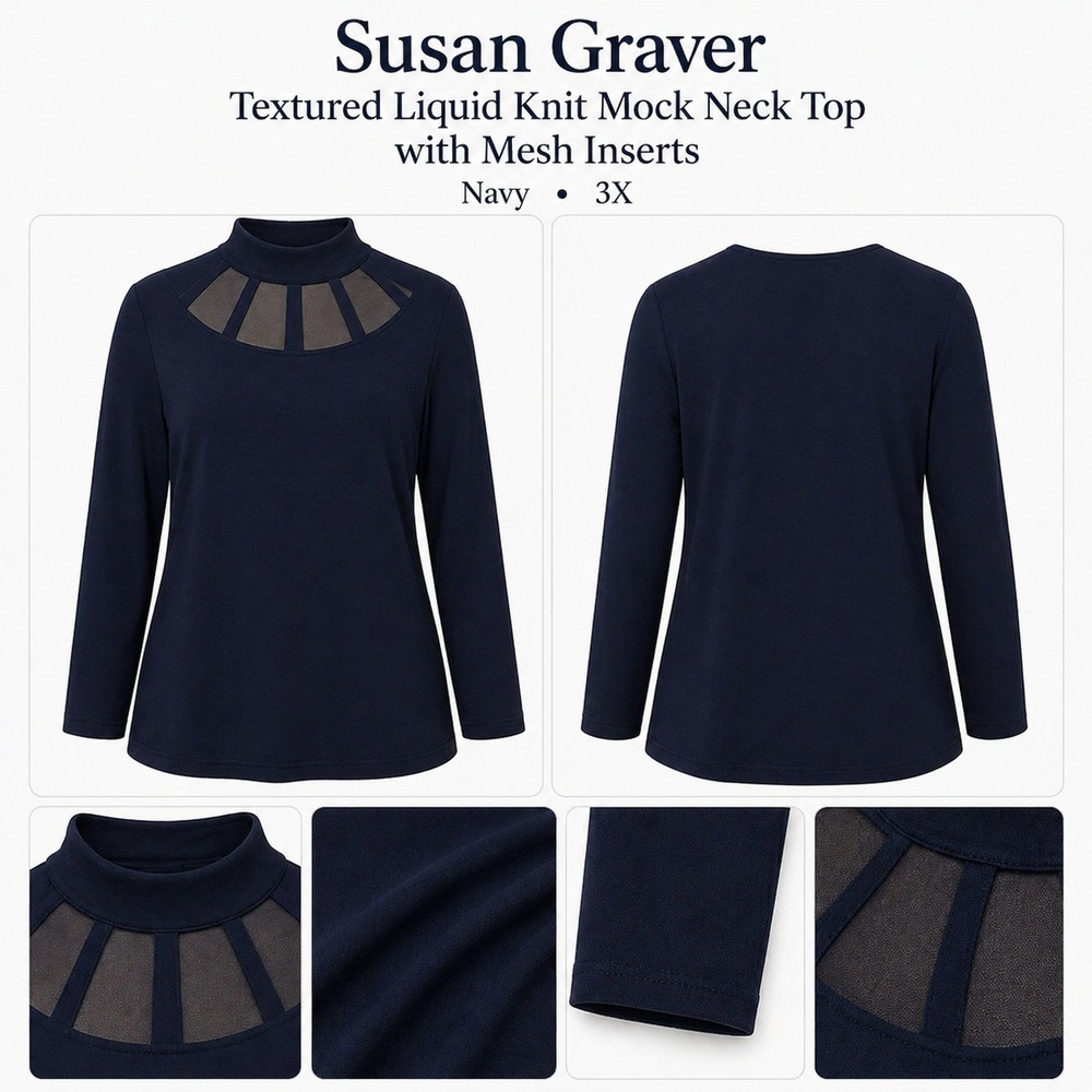 Susan Graver Textured Liquid Knit Mock Neck Top Mesh Inserts Navy Blue 3X